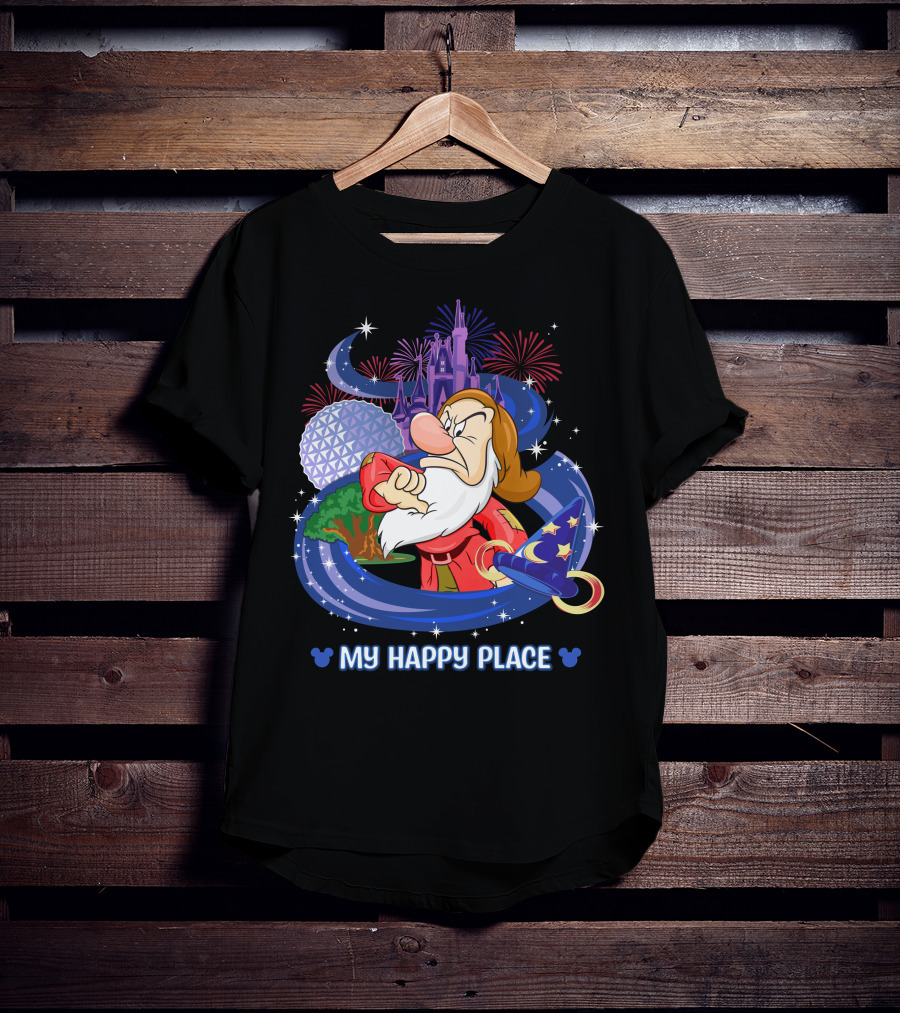 Grumpy My Happy Place Disney Castle Fireworks Epcot Sorcerer Hat T-Shirt