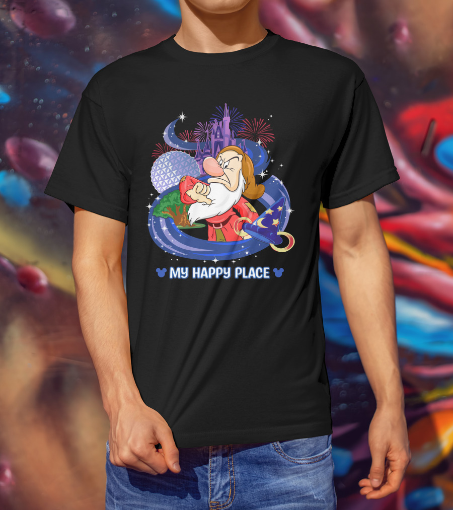 Grumpy My Happy Place Disney Castle Fireworks Epcot Sorcerer Hat T-Shirt