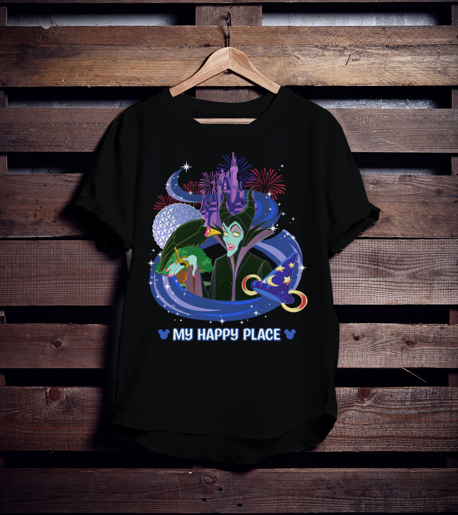 Maleficent My Happy Place Disney Castle Fireworks Mickey Sorcerer Hat T-Shirt