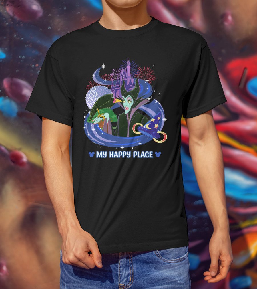 Maleficent My Happy Place Disney Castle Fireworks Mickey Sorcerer Hat T-Shirt
