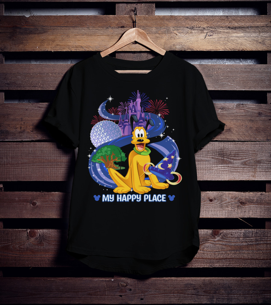 Disney Pluto My Happy Place Disney Castle Fireworks Epcot Disney Mickey Sorcerer Hat T-Shirt