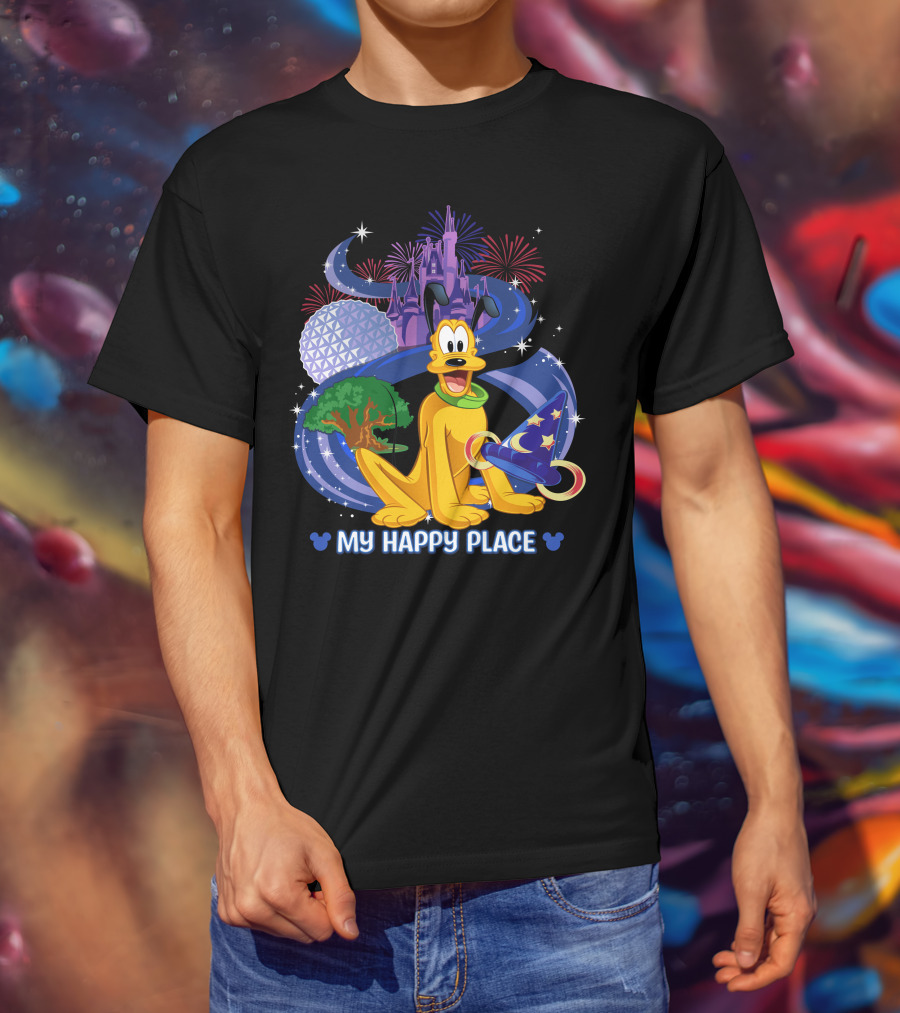 Disney Pluto My Happy Place Disney Castle Fireworks Epcot Disney Mickey Sorcerer Hat T-Shirt