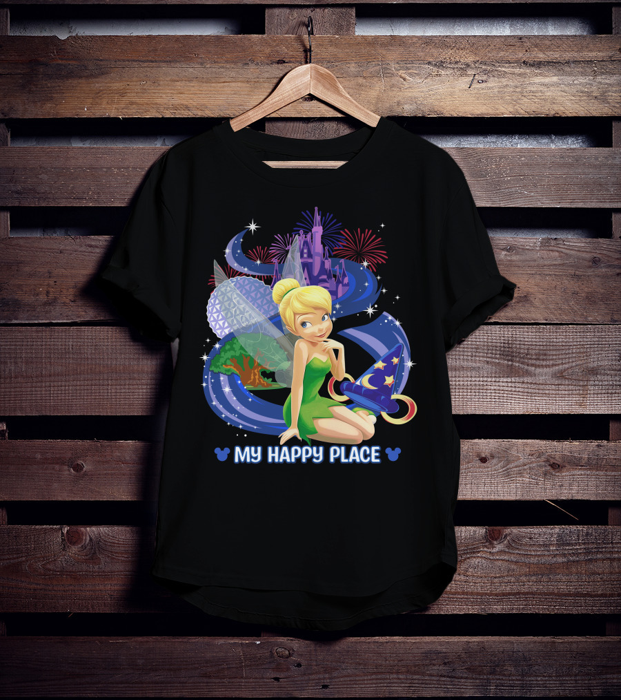 Tinker Bell My Happy Place Disney Castle Epcot Fireworks Wizard Hat T-Shirt