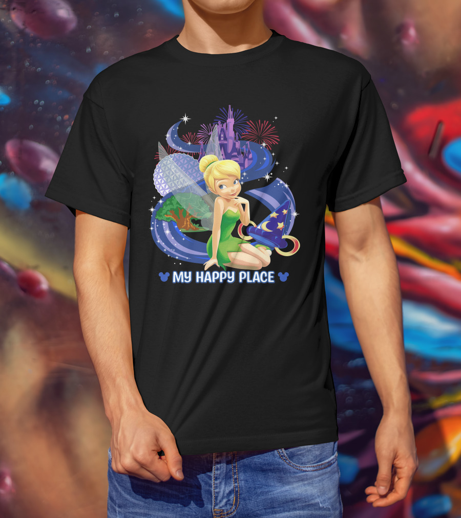 Tinker Bell My Happy Place Disney Castle Epcot Fireworks Wizard Hat T-Shirt