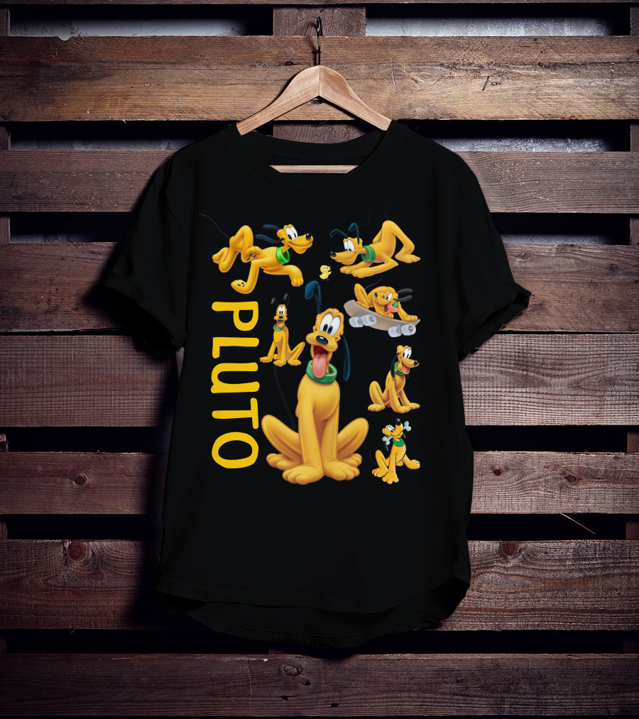 Pluto Character Poses Collection With Skateboarding And Chewy Bone T-Shirt