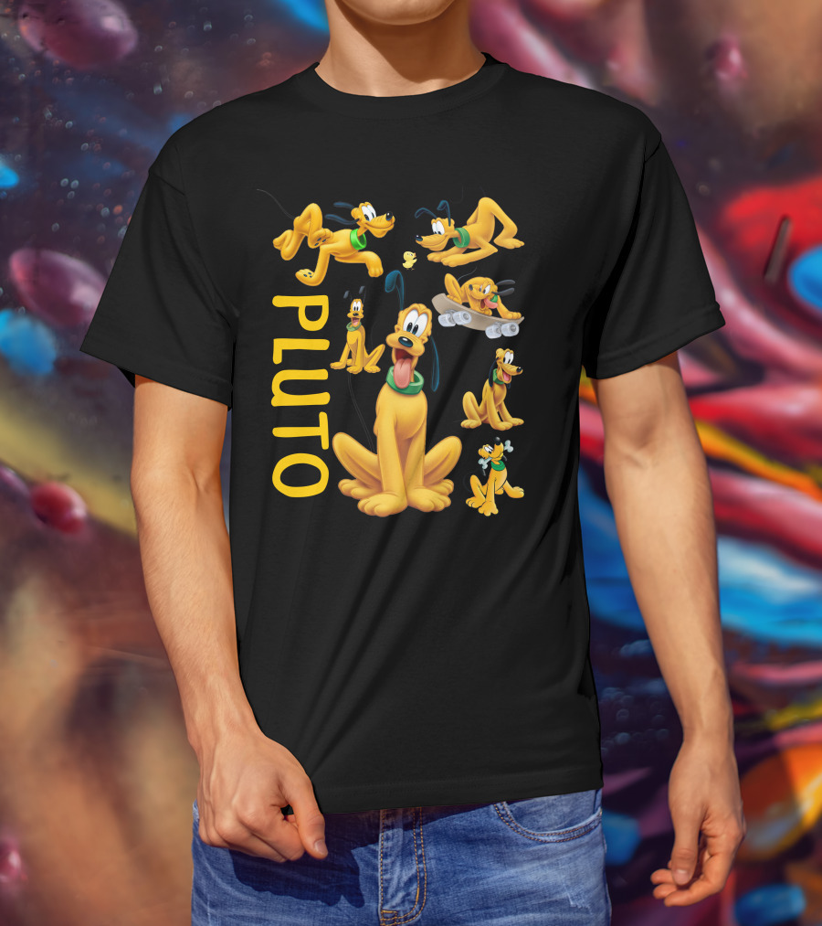 Pluto Character Poses Collection With Skateboarding And Chewy Bone T-Shirt