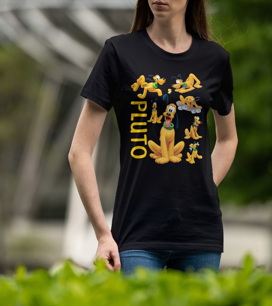 Pluto Character Poses Collection With Skateboarding And Chewy Bone T-Shirt