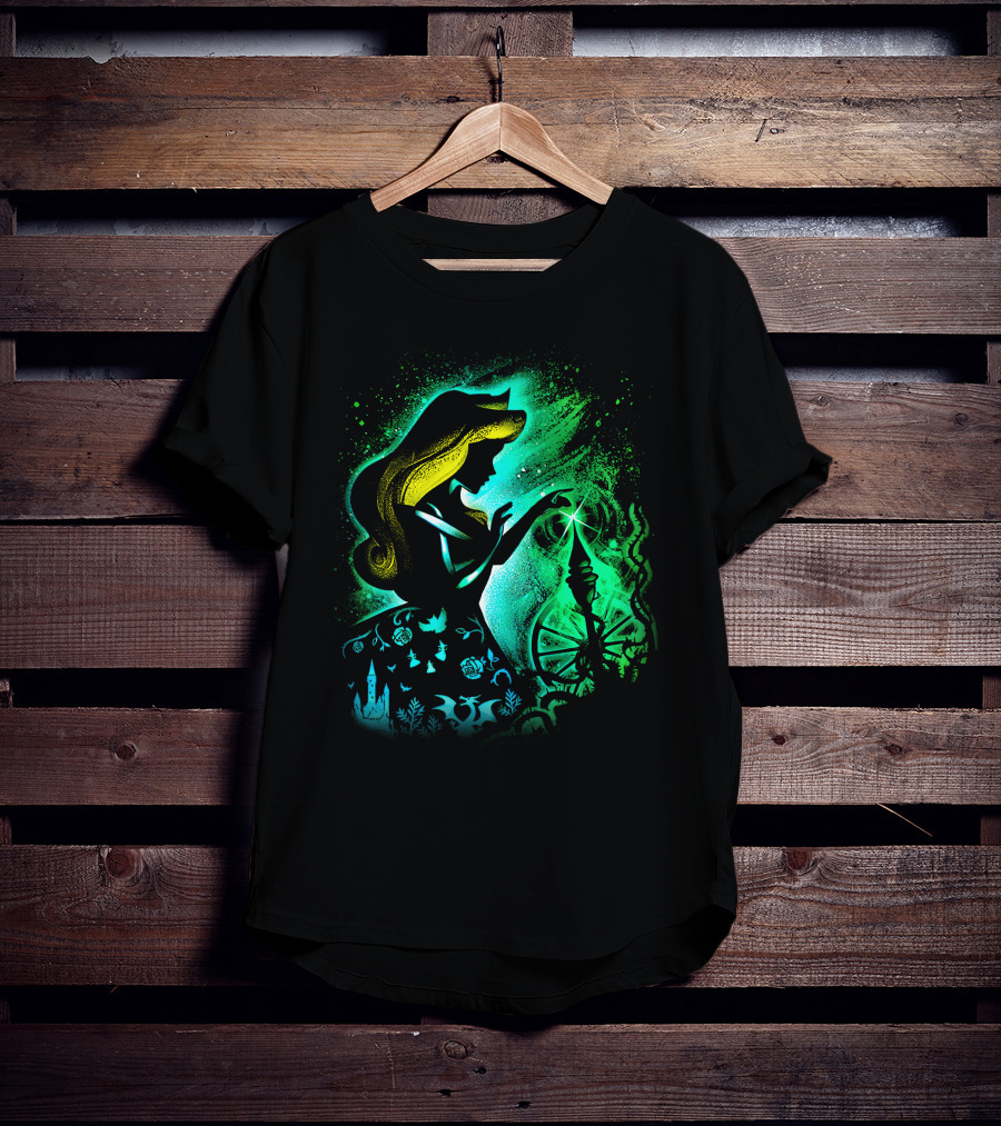 Sleeping Beauty Silhouette With Spinning Wheel And Enchanted Forest Elements T-Shirt