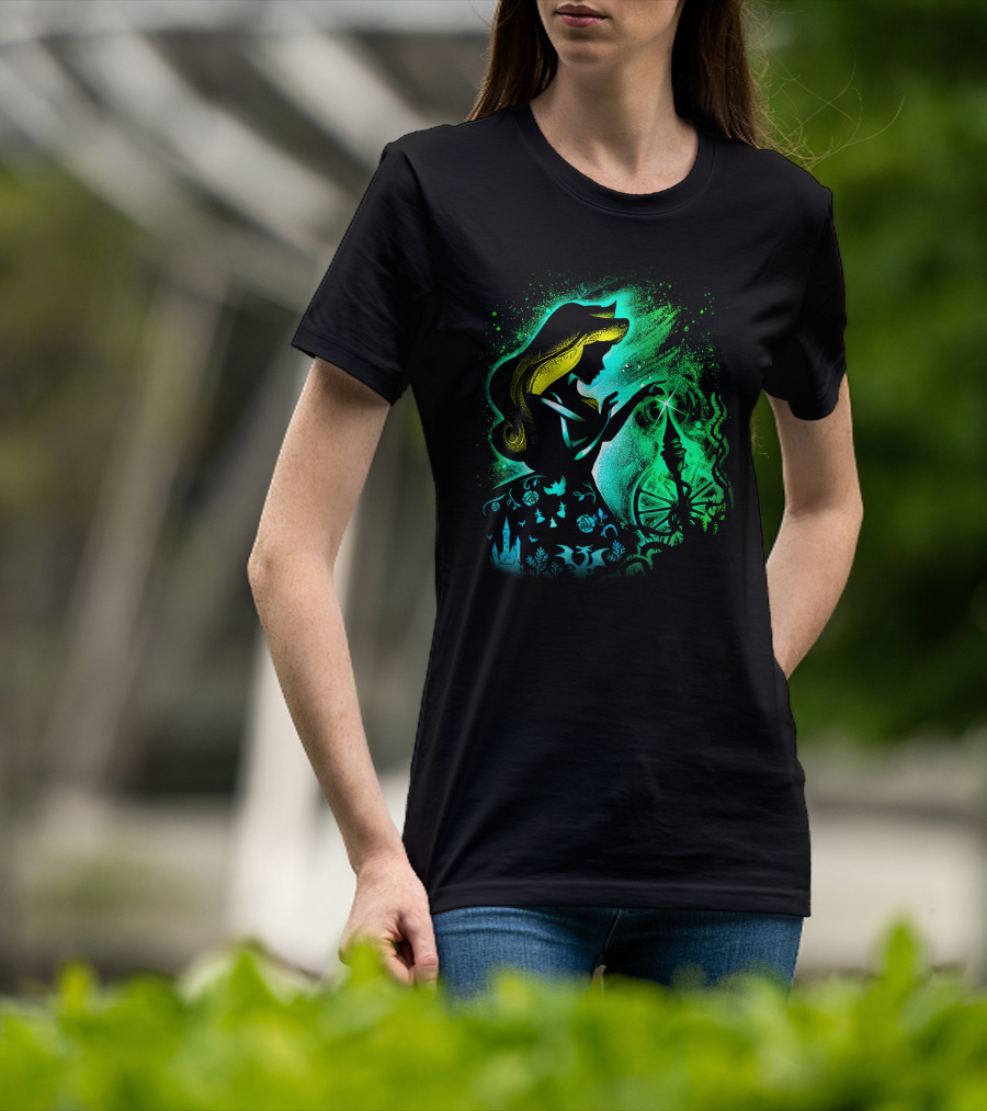 Sleeping Beauty Silhouette With Spinning Wheel And Enchanted Forest Elements T-Shirt