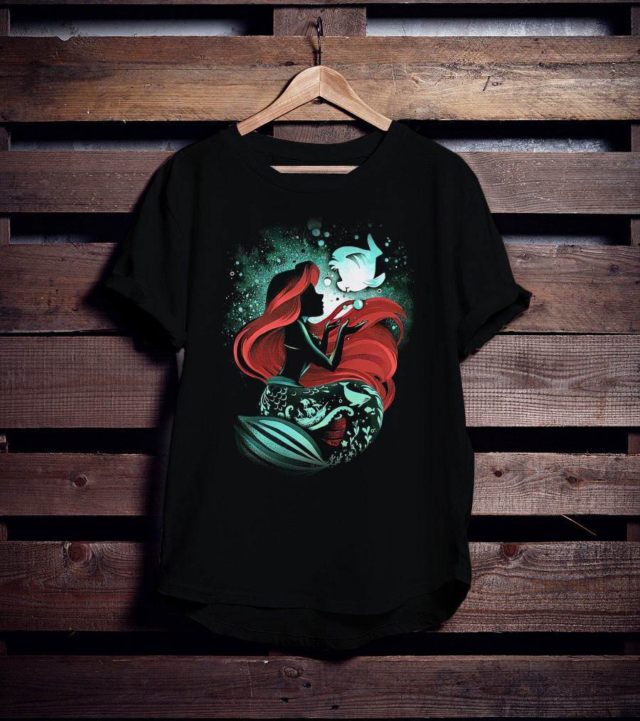 Ariel Mermaid Silhouette With Fish And Red Hair T-Shirt