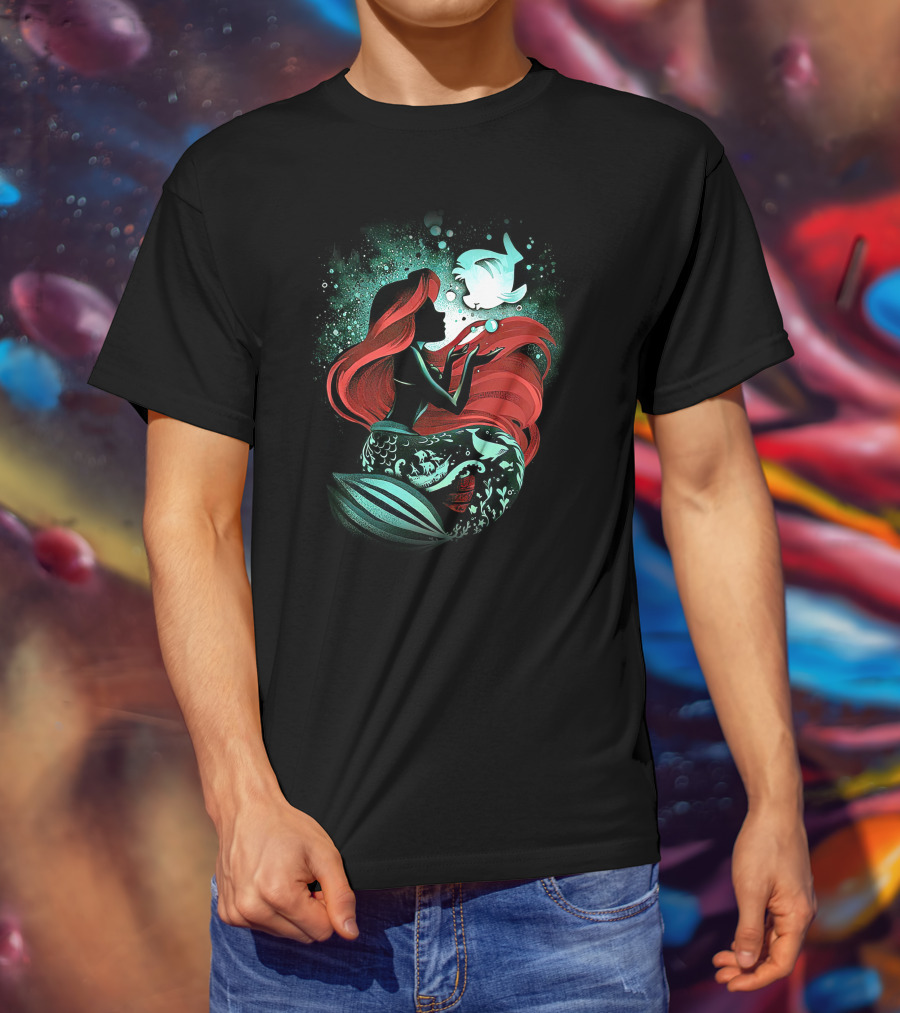 Ariel Mermaid Silhouette With Fish And Red Hair T-Shirt