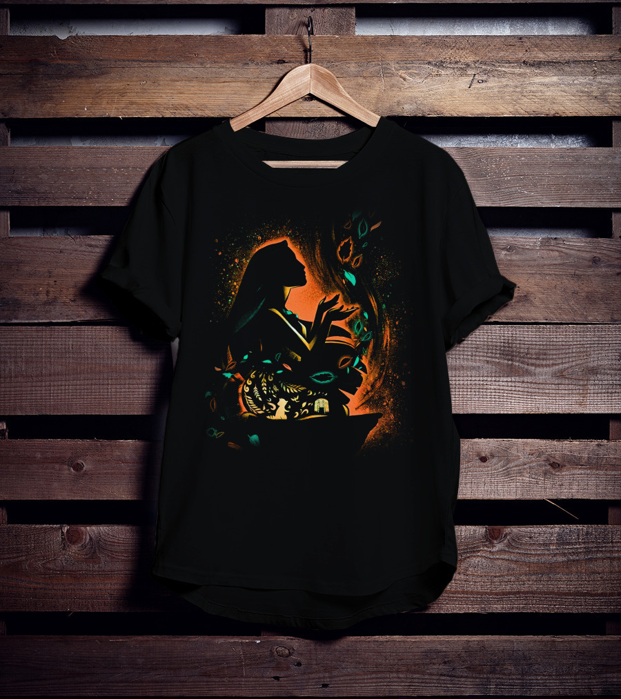 Pocahontas Silhouette With Colorful Leaves And Nature Elements T-Shirt