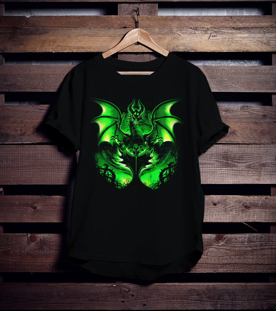 Maleficent 2 Dark Green Dragon Art Fantastical Scene Ravens Winding Thorns T-Shirt