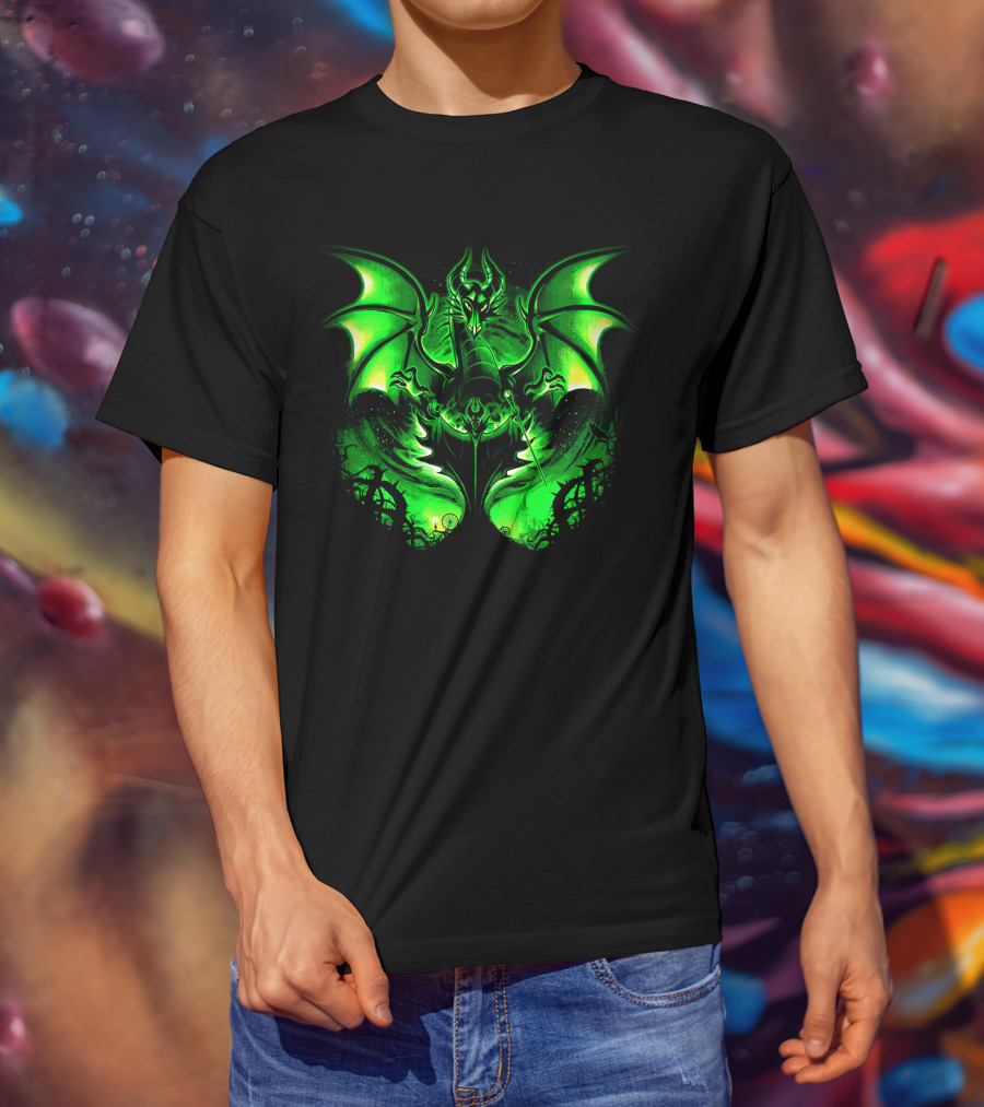 Maleficent 2 Dark Green Dragon Art Fantastical Scene Ravens Winding Thorns T-Shirt