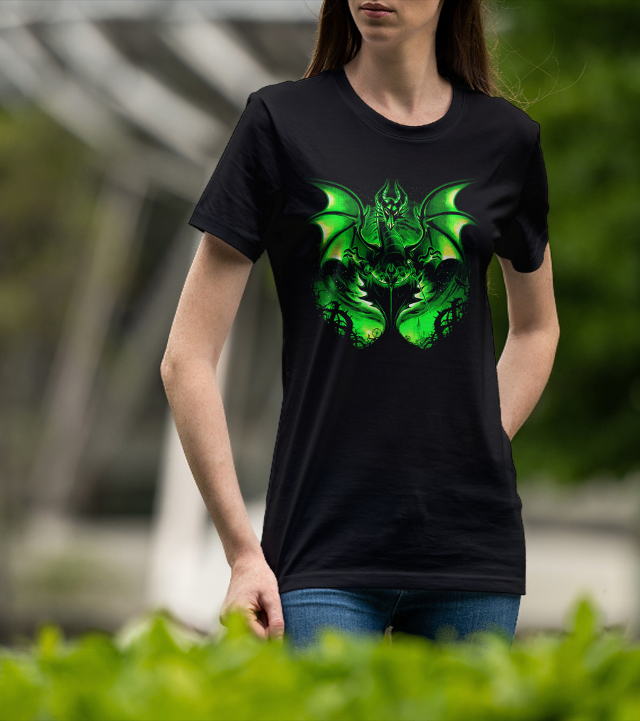 Maleficent 2 Dark Green Dragon Art Fantastical Scene Ravens Winding Thorns T-Shirt