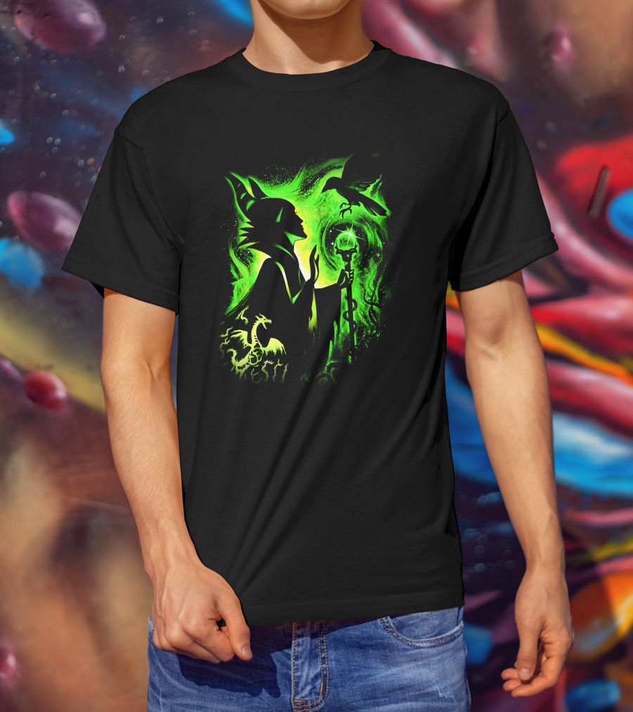 Maleficent 3 Dragon Silhouette And Green Magic Staff Scene T-Shirt
