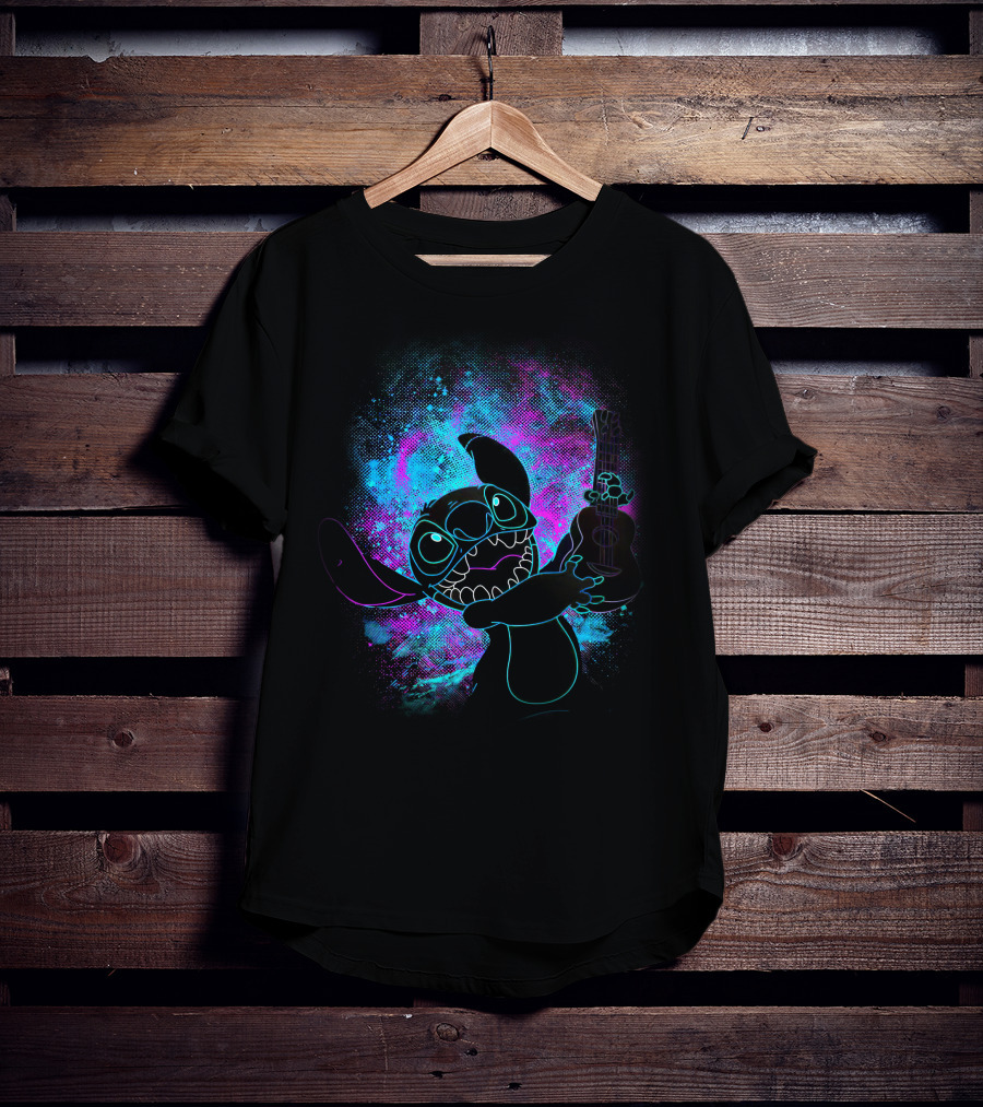 Stitch Neon Glow Playing Guitar Art T-Shirt