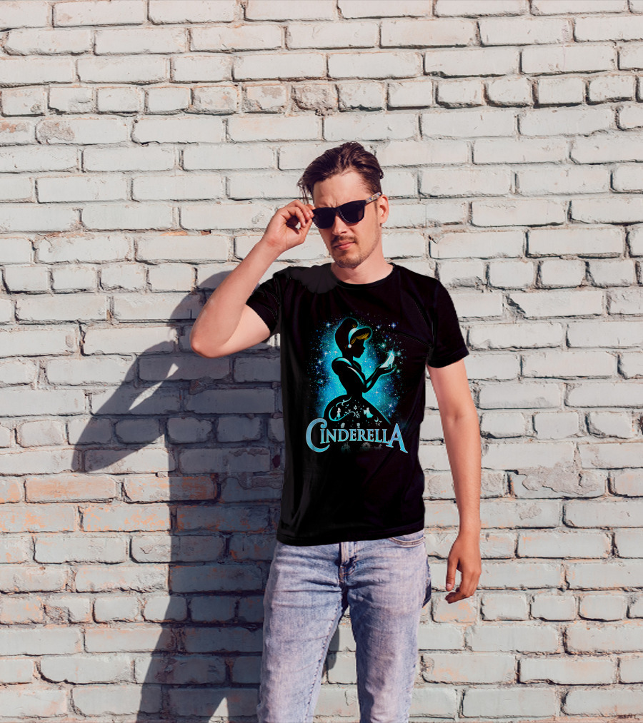 Cinderella Silhouette Holding Glass Slipper With Enchanted Blue Starry T-Shirt