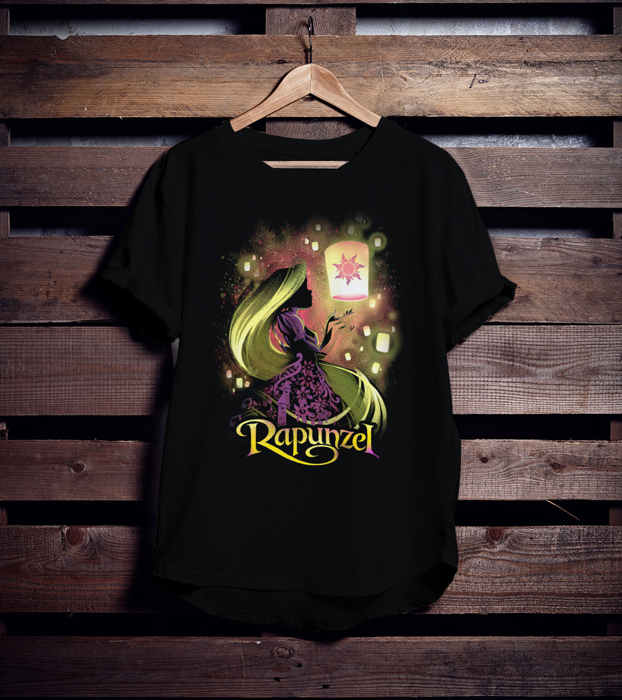 Rapunzel Lantern Silhouette With Glowing Hair And Floating Lights T-Shirt