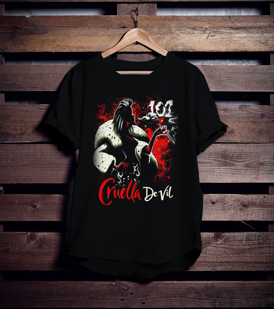 Cruella De Vil 101 Smoky Silhouette With White Fur And Red Highlights T-Shirt