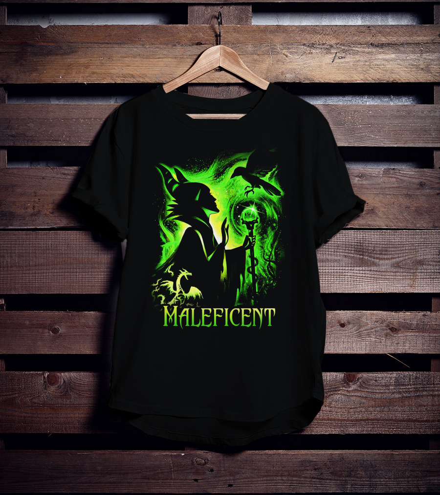 Maleficent Green Silhouette With Dragon Raven And Staff T-Shirt