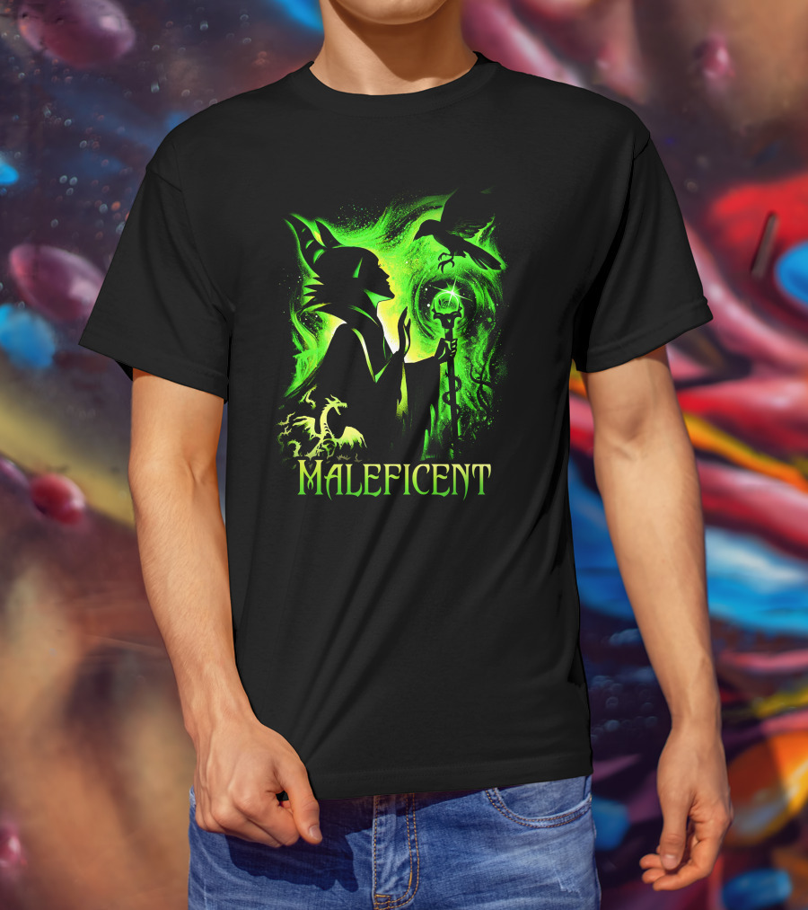 Maleficent Green Silhouette With Dragon Raven And Staff T-Shirt