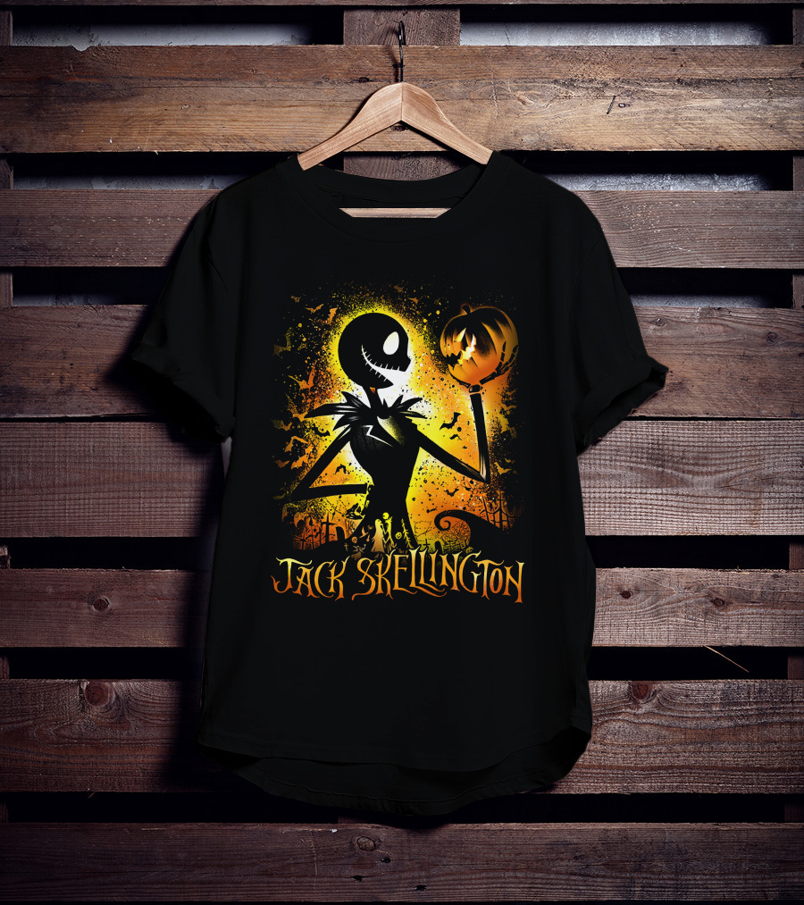 Jack Skellington Holding Pumpkin In Halloween Scene With Bats And Graveyard T-Shirt