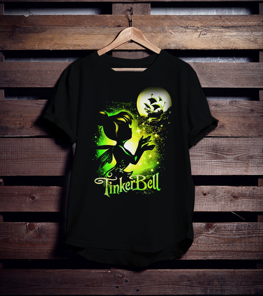Tinker Bell Silhouette With Ship And Crescent Moon Magic Glow T-Shirt
