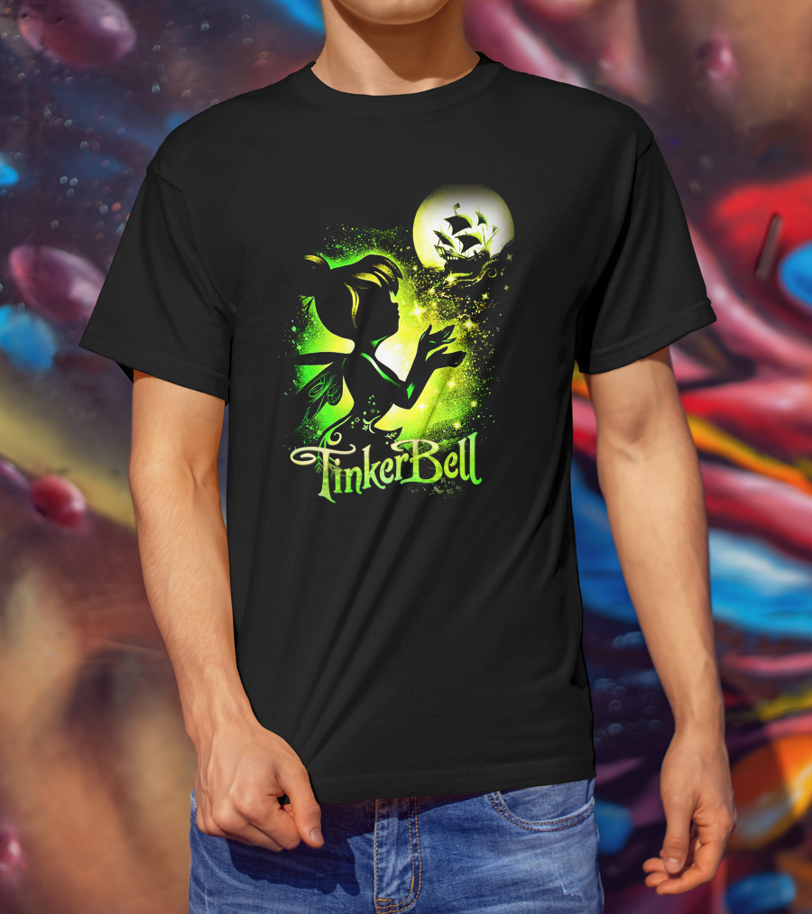 Tinker Bell Silhouette With Ship And Crescent Moon Magic Glow T-Shirt