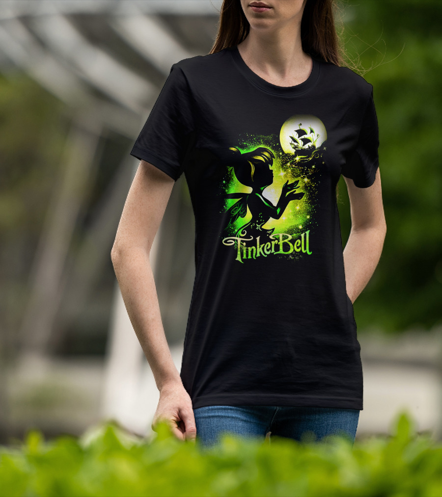 Tinker Bell Silhouette With Ship And Crescent Moon Magic Glow T-Shirt