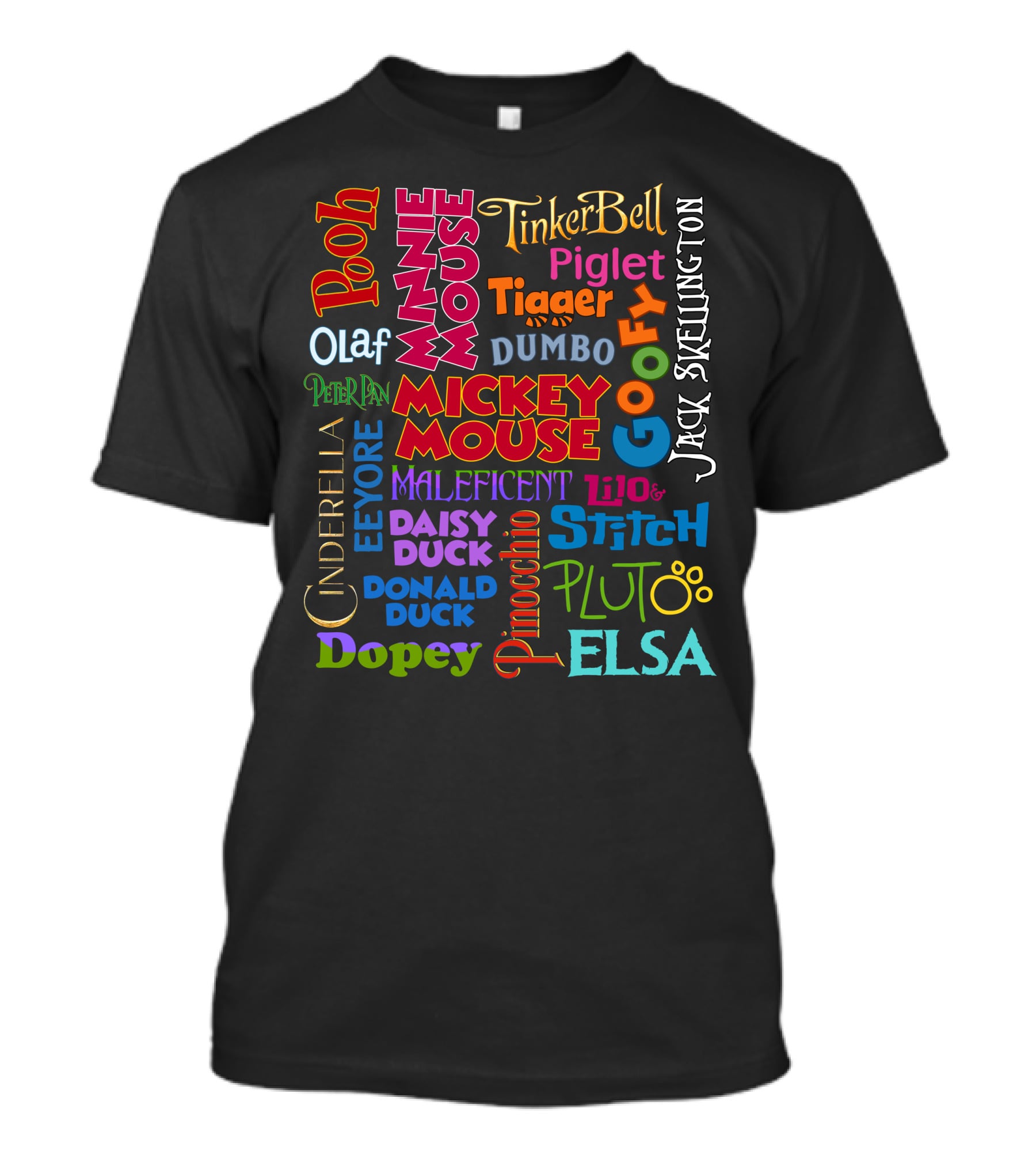 Disney Characters Names Tinker Bell Pooh Olaf Mickey Mouse Cinderella Goofy Elsa Jack Skellington T-Shirt