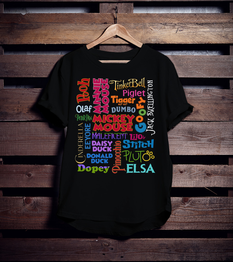 Disney Characters Names Tinker Bell Pooh Olaf Mickey Mouse Cinderella Goofy Elsa Jack Skellington T-Shirt