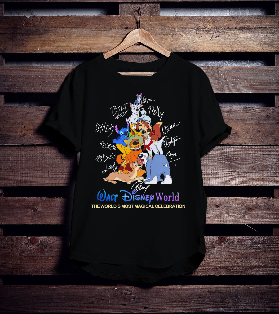 Walt Disney World Dogs Celebration Stitch Pluto Bolt Lady Tramp Nana Dodger Max Pongo Rolly T-Shirt
