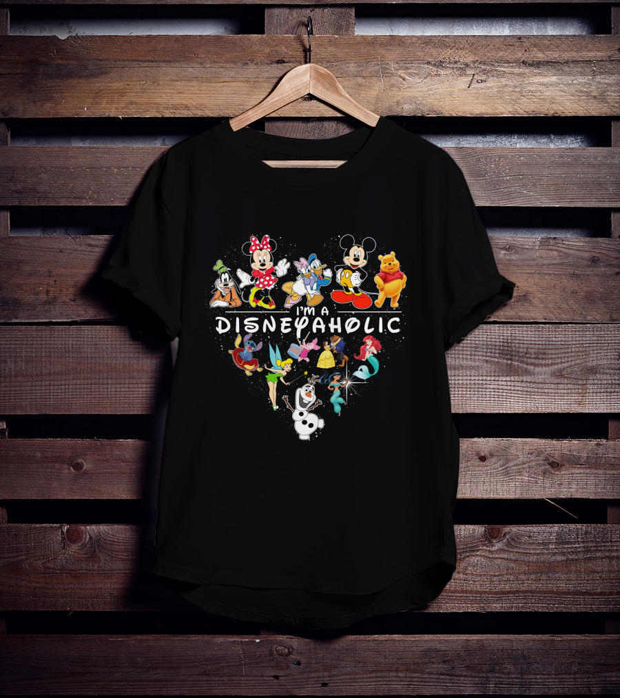 I'm A Disneyaholic Mickey Minnie Donald Goofy Tinker Bell Ariel Olaf Stitch Pooh T-Shirt