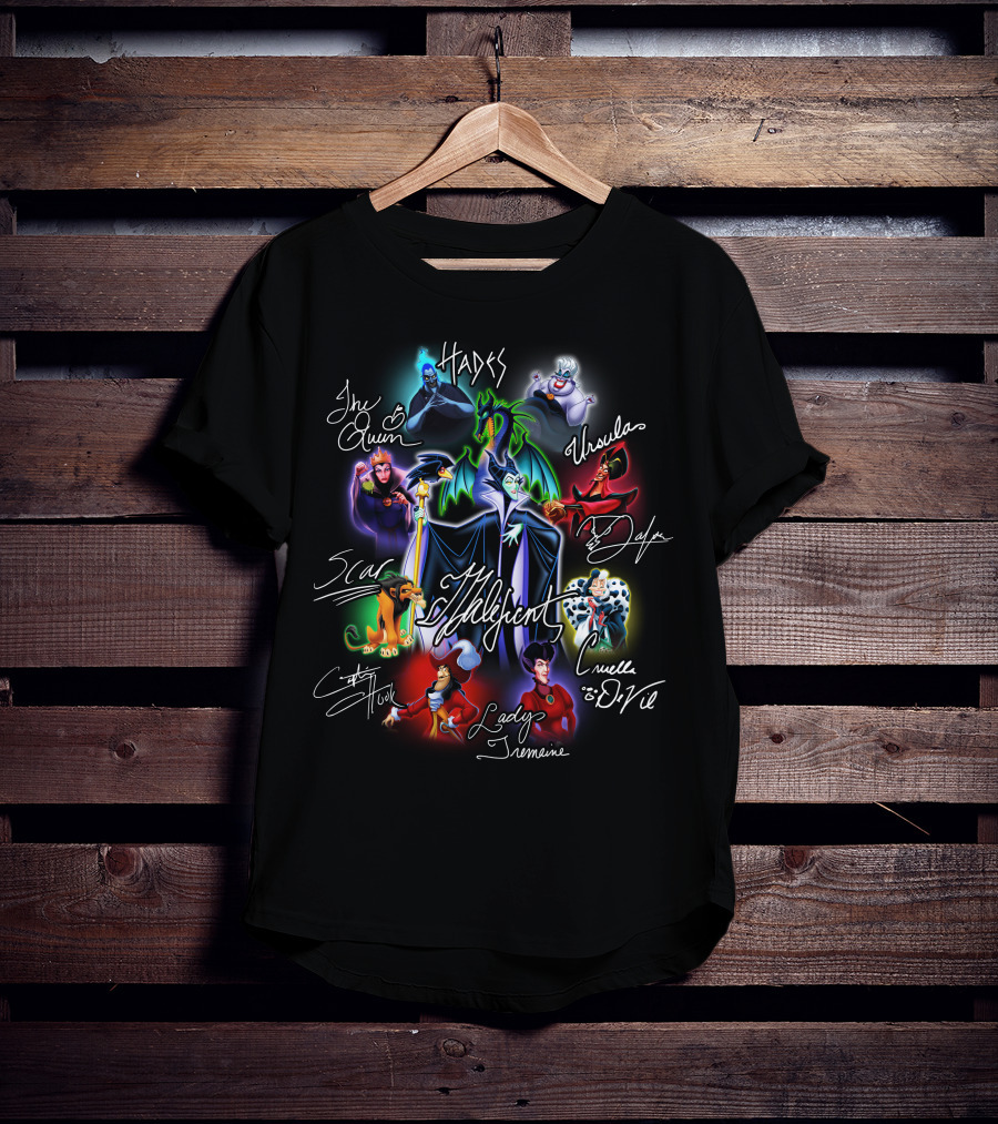 Disney Villains Maleficent Hades Ursula Cruella De Vil Scar Captain Hook Queen Jafar Lady Tremaine T-Shirt