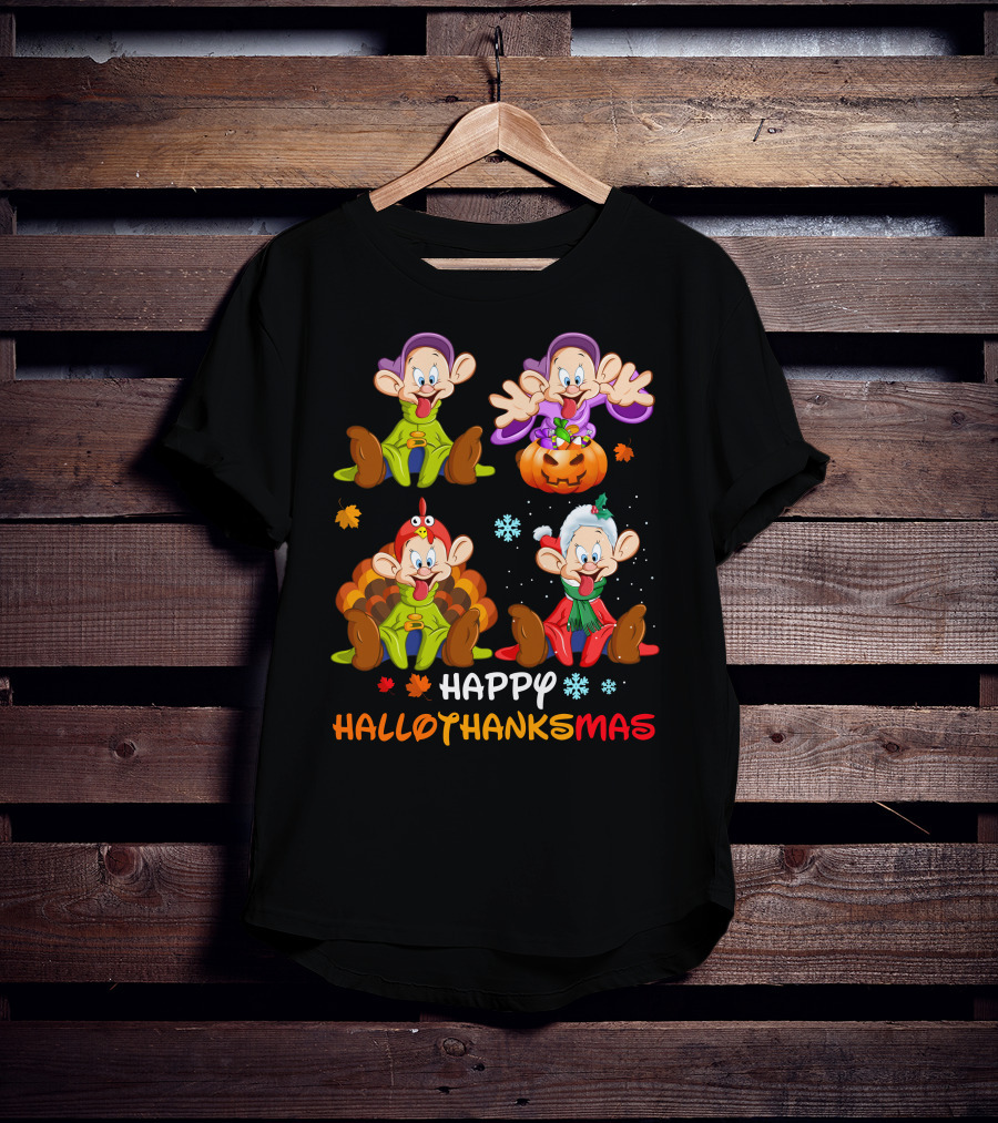 Happy Hallothanksmas Dopey Snow White Dwarfs Pumpkin Turkey Santa Hat T-Shirt