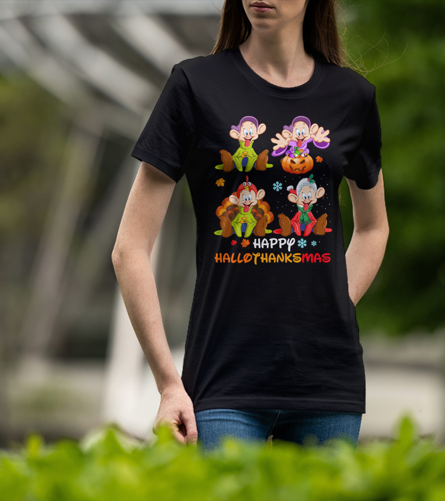Happy Hallothanksmas Dopey Snow White Dwarfs Pumpkin Turkey Santa Hat T-Shirt