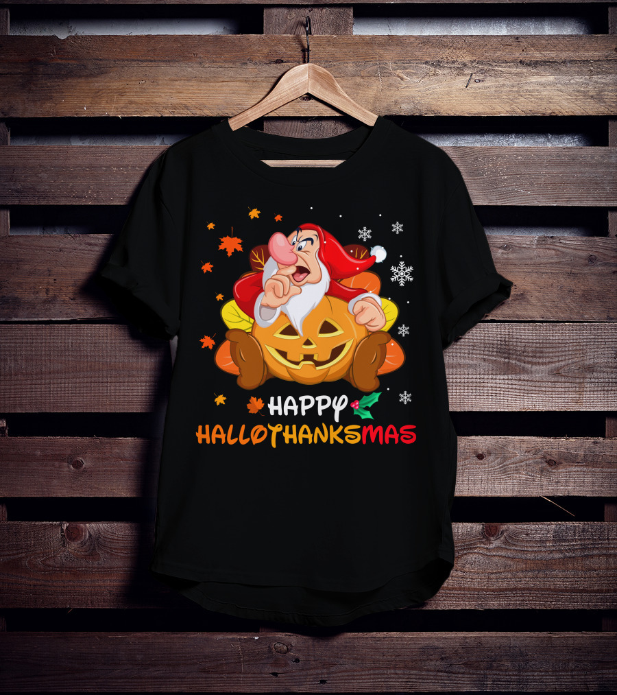 Happy Hallothanksmas Santa Dwarf With Pumpkin And Leaves T-Shirt