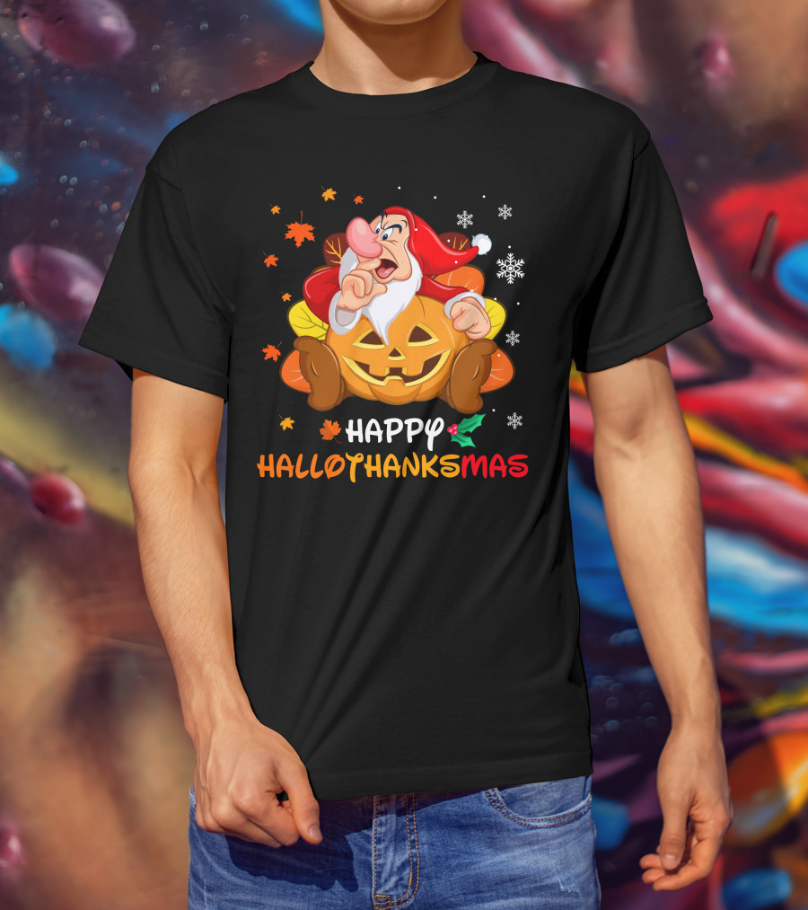 Happy Hallothanksmas Santa Dwarf With Pumpkin And Leaves T-Shirt