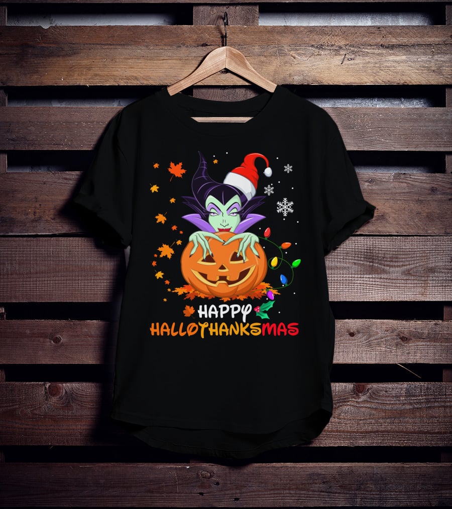 Happy Hallothanksmas Malicious Pumpkin Santa Hat Snowflakes Leaves And Lights T-Shirt