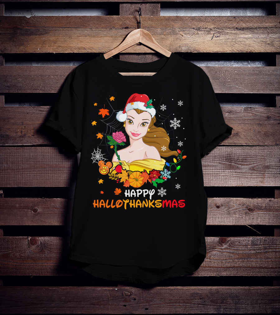 Happy Hallothanksmas - Belle In Santa Hat With Spider Webs Pumpkins And Lights T-Shirt