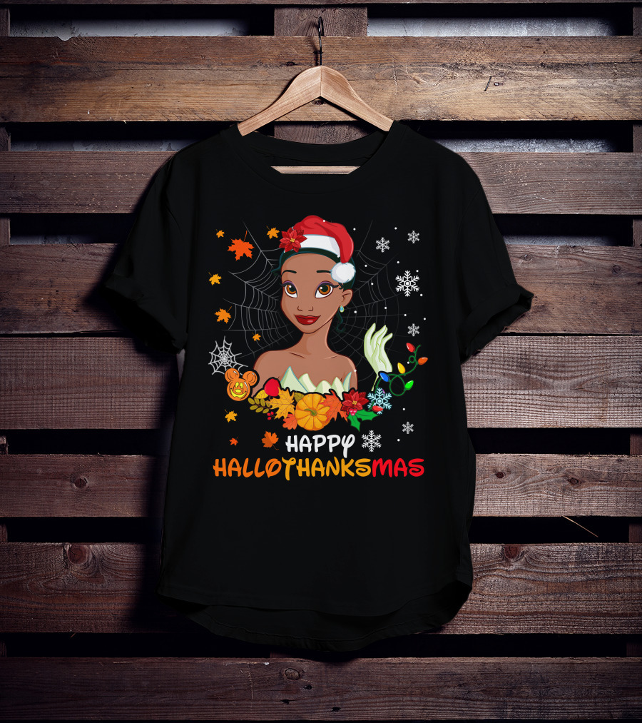 Happy Hallothanksmas Tiana Disney Princess With Santa Hat Spider Web And Holiday Decorations T-Shirt