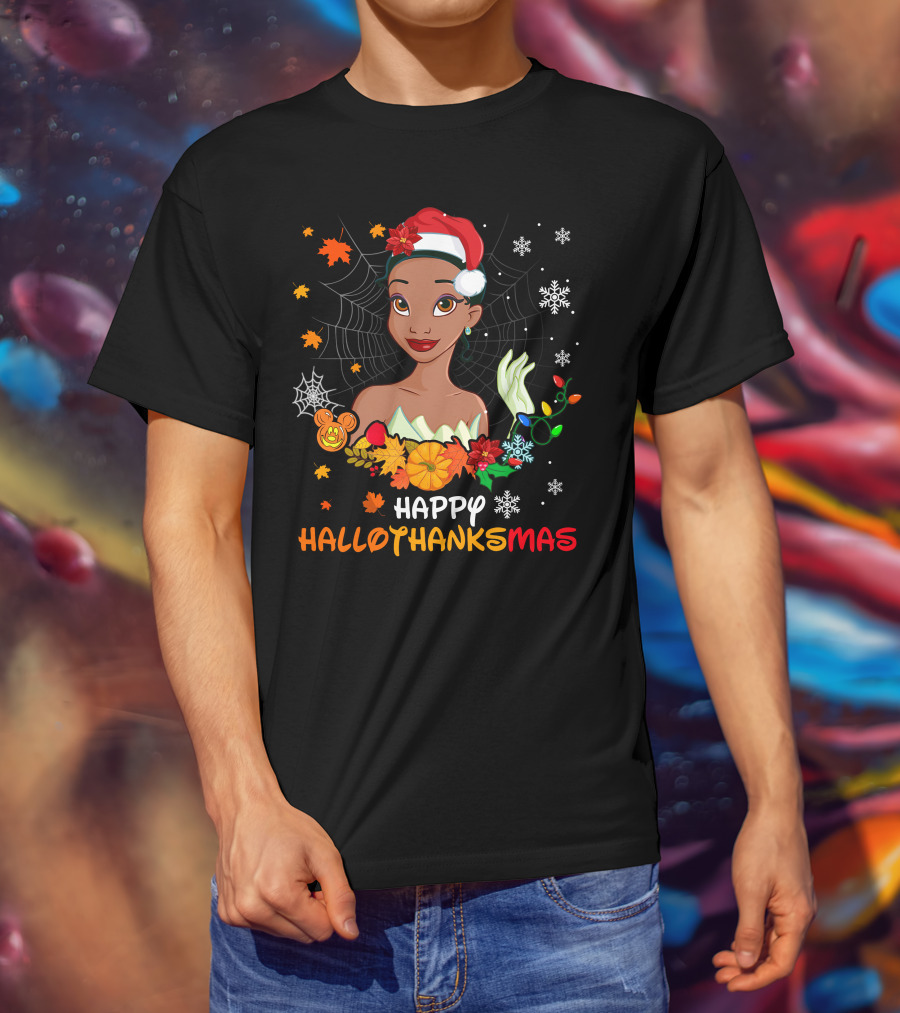 Happy Hallothanksmas Tiana Disney Princess With Santa Hat Spider Web And Holiday Decorations T-Shirt