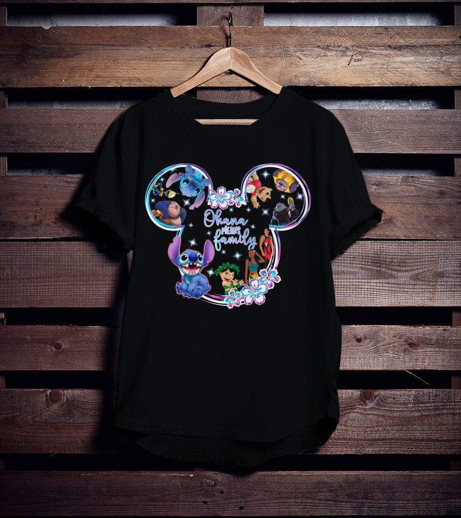 Ohana Means Family Stitch Mickey Ears Disney Characters Floral T-Shirt