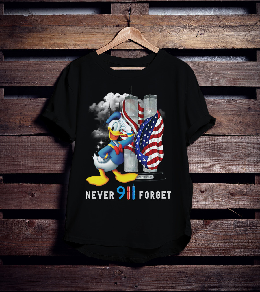 Donald Duck Never 9/11 Forget Twin Towers American Flag T-Shirt