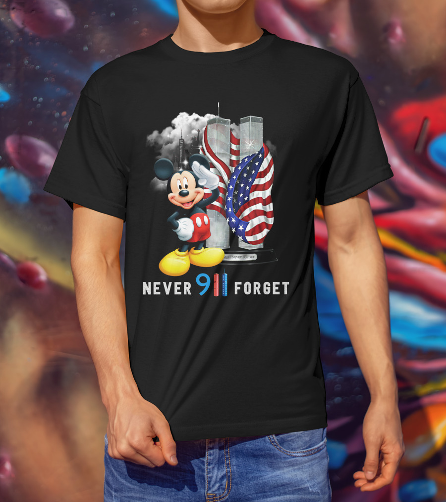 Never 9/11 Forget Mickey Twin Towers American Flag T-Shirt