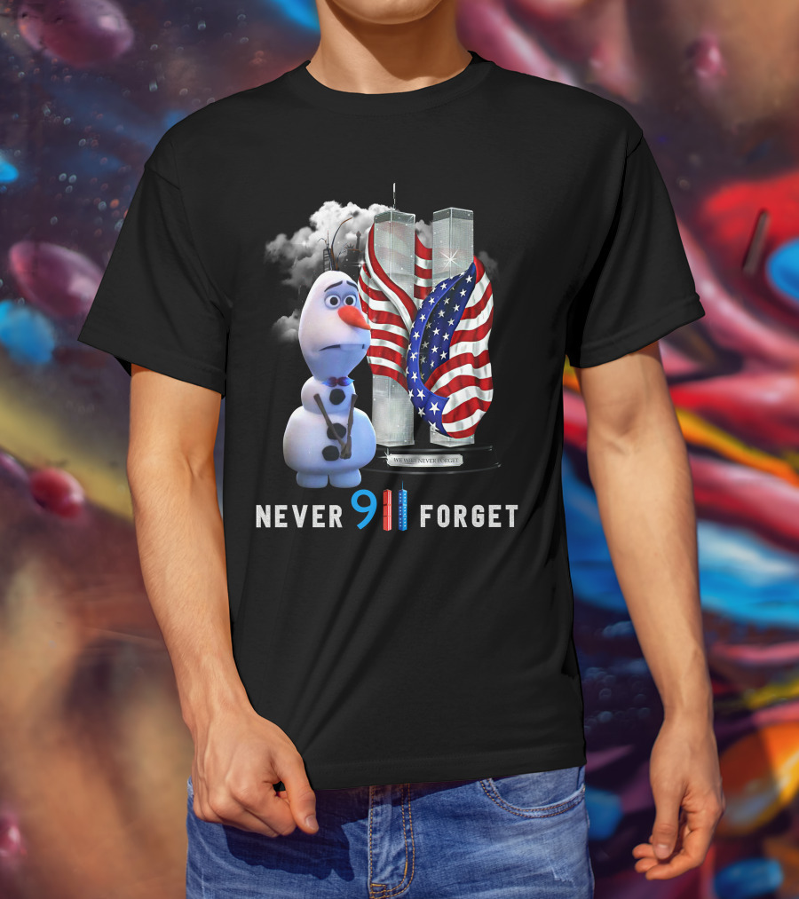 Never Forget Olaf Twin Towers American Flag 9/11 Memorial T-Shirt