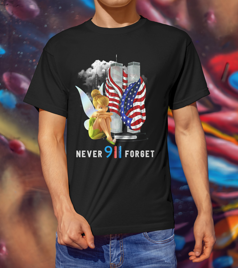 Tinker Bell Never 9/11 Forget Twin Towers American Flag Memorial T-Shirt