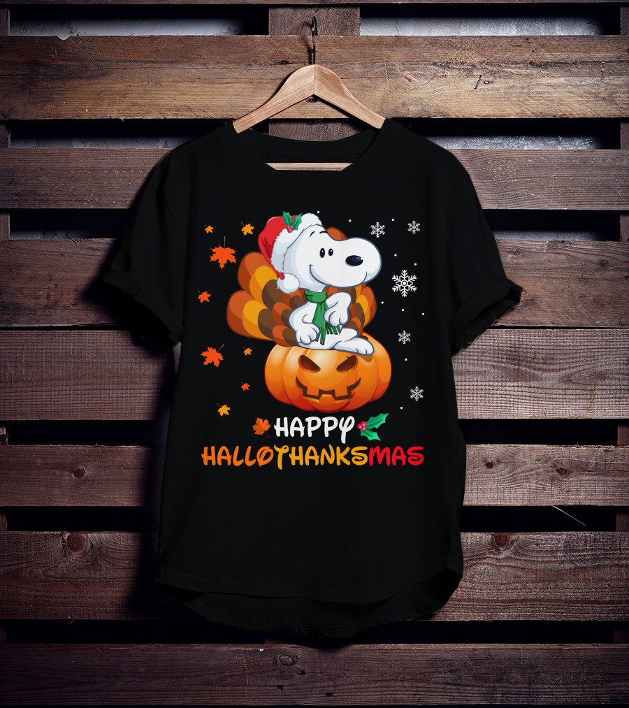 Happy Hallothanksmas Snoopy Christmas Pumpkin Turkey Leaves Snowflakes T-Shirt