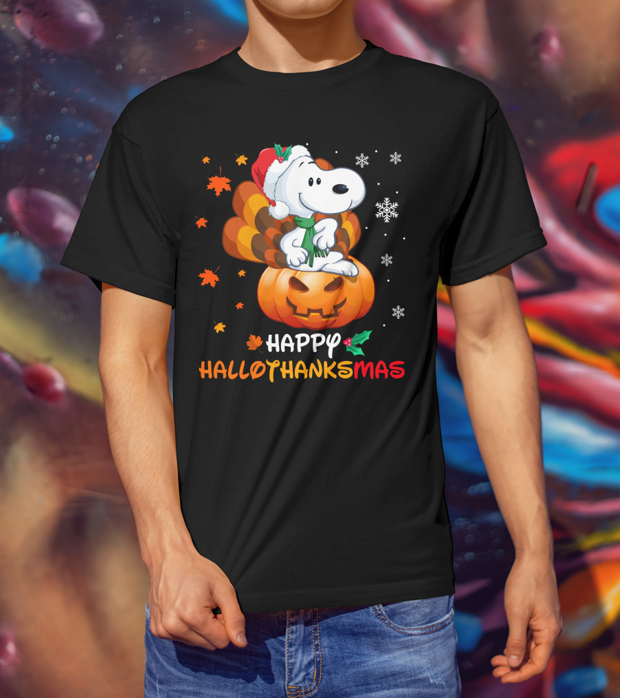 Happy Hallothanksmas Snoopy Christmas Pumpkin Turkey Leaves Snowflakes T-Shirt